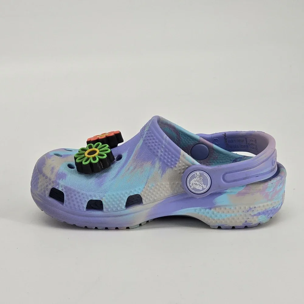 Crocs Kids‎ Classic Marbled Clog Pastel Purple Blue C9 Light Up Flower Jibbitz